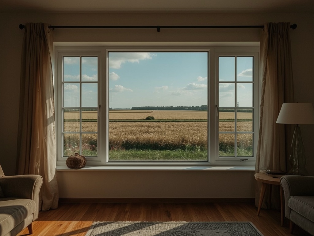 Zicht vanuit woonkamer door kunststof raam naar groene omgeving bij Heiloo