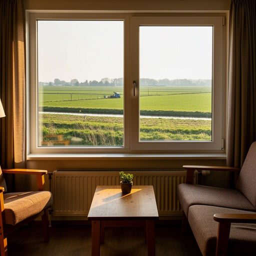 Zicht vanuit woonkamer door kunststof raam naar polderlandschap bij Hollands Kroon