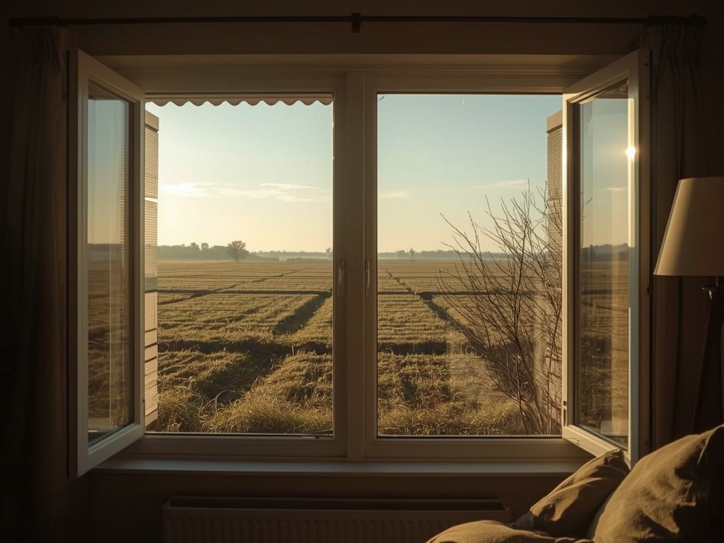 Zicht vanuit woonkamer door kunststof raam naar polderlandschap bij Wieringermeer