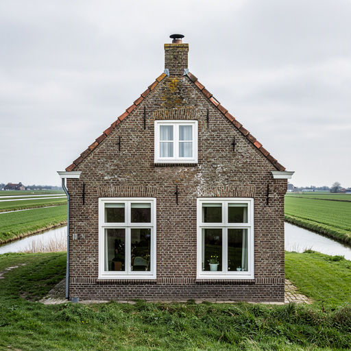 Traditionele boerderij in Wieringermeer met nieuwe witte kunststof kozijnen in polderlandschap