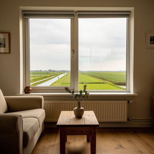 Zicht vanuit woonkamer door kunststof raam naar duingebied bij Callantsoog