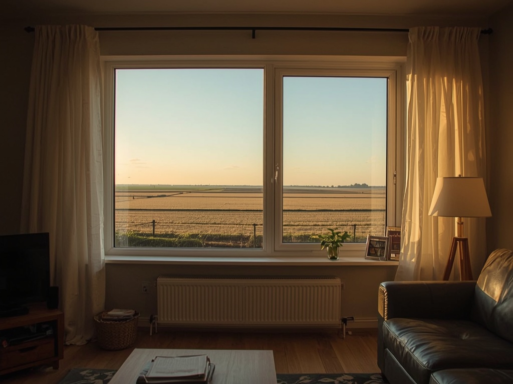 Uitzicht vanuit woonkamer door kunststof raam naar duinlandschap bij Egmond aan Zee