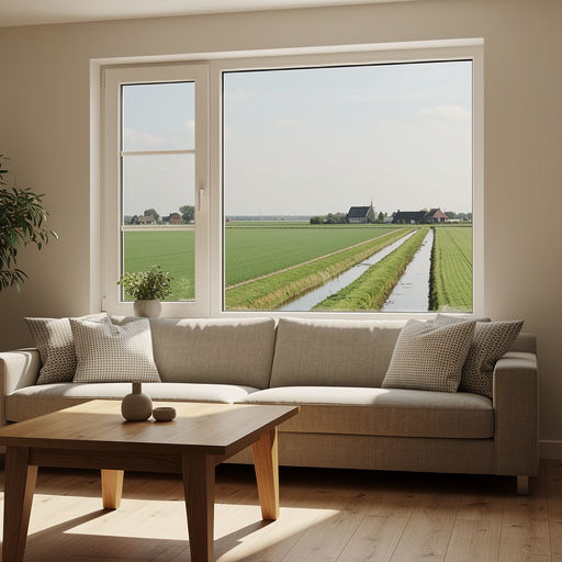 Uitzicht vanuit een woonkamer door een groot kunststof raam over de Helderse haven