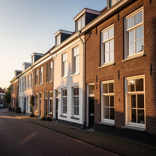 Rijtjeswoningen aan de Dorpsstraat in Sint Maarten met crèmewitte kunststof kozijnen