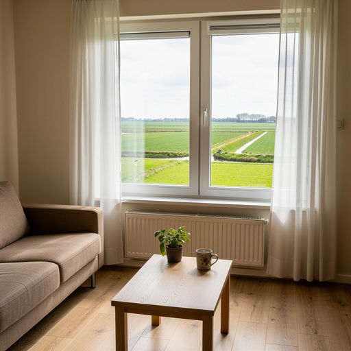Zicht vanuit woonkamer door kunststof raam naar duingebied bij Castricum