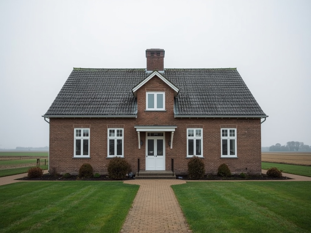 Traditionele stolpboerderij in Sint Maarten met frisse witte kunststof kozijnen in het Noord-Hollandse landschap