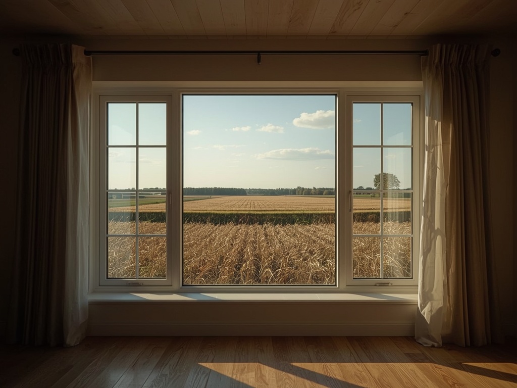Woonkamer met uitzicht door een groot kunststof raam op de tuin in Anna Paulowna