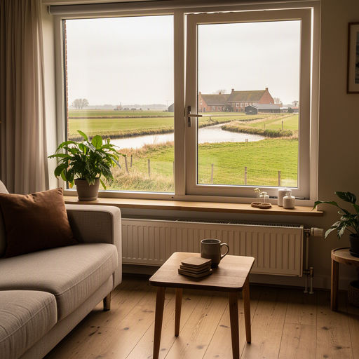 Uitzicht vanuit een serre met kunststof kozijnen op de typische polder en vaarten bij Langedijk