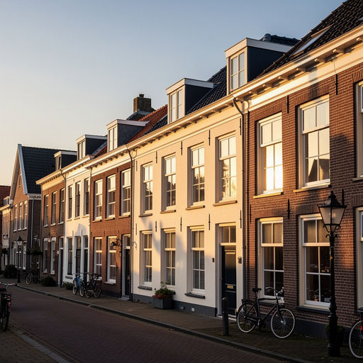 Rijtjeshuizen in Langedijk met witte kunststof kozijnen en houtlook voordeur